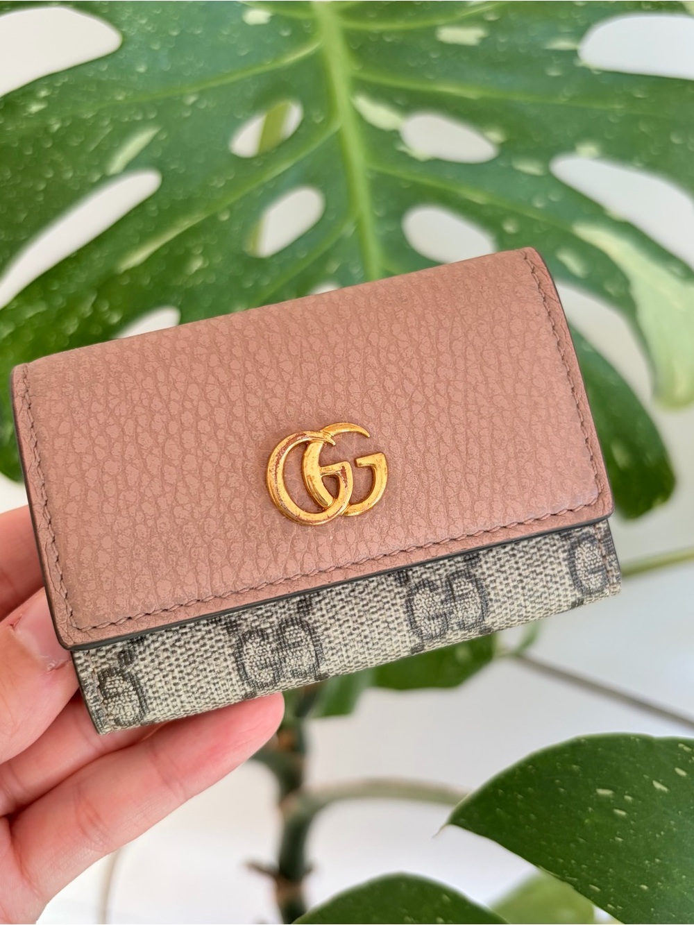 Gucci Dusty Pink Leather & Monogram Card Case with Gold GG